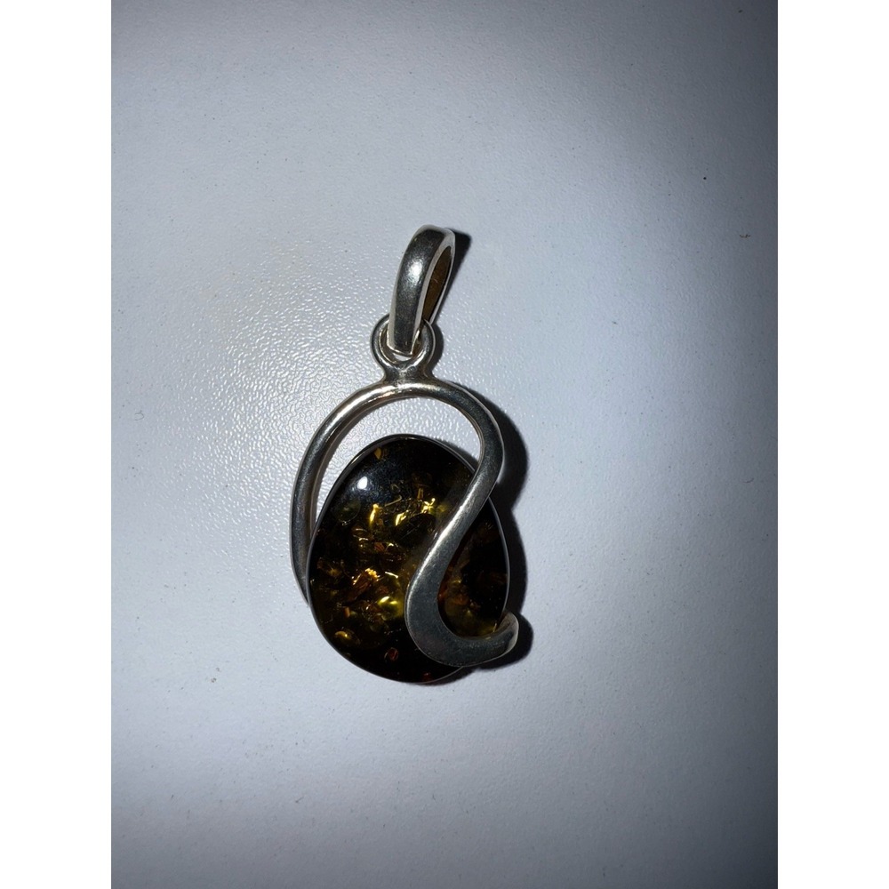 Vintage Flecked Baltic Amber Sterling Silver Modernist Pendant